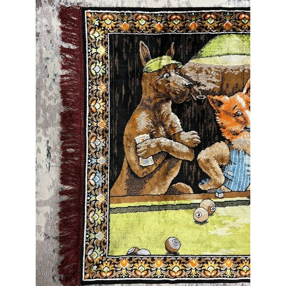 VTG original Dogs Playing Pool Billiards tapestry 56x39 MAN  Vtg P&C Wall Tapestry Dog Pool Billiard Man Cave Made In Italy Bar Decor 38x56\